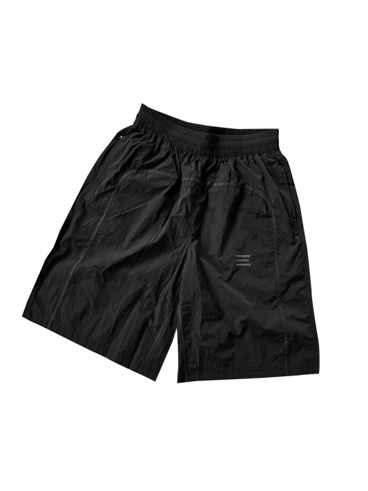 BLACK NYLON OVERLOCK SHORTS